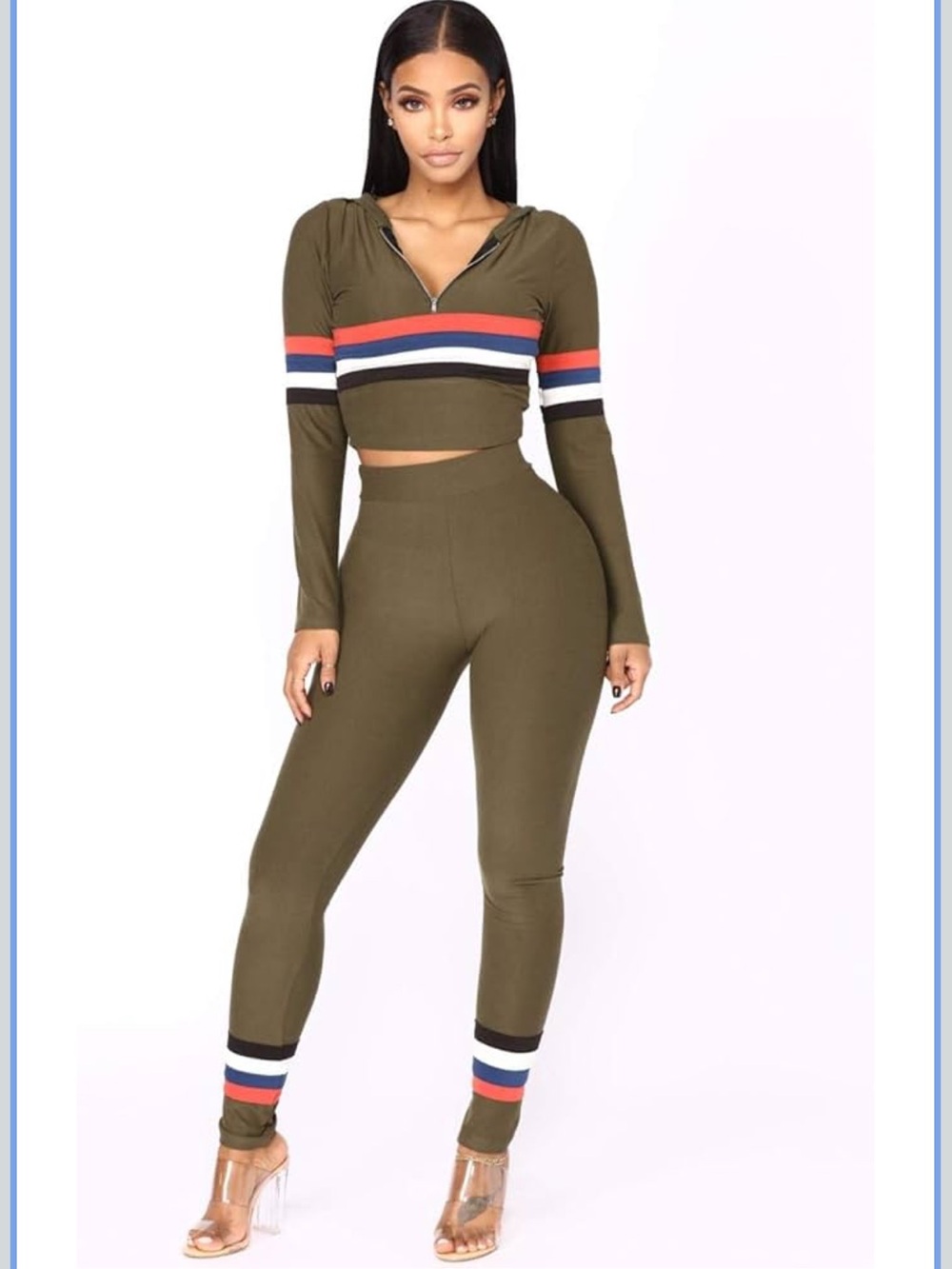 Fashion Nova Olive High-Waist Legging Set w/ Black, Red, White & Navy Stripes